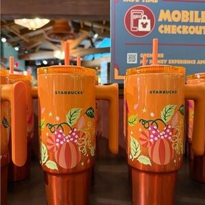 2025 Disney Starbucks Vibrant Orange Pumpkin Mug with Handle & straw
